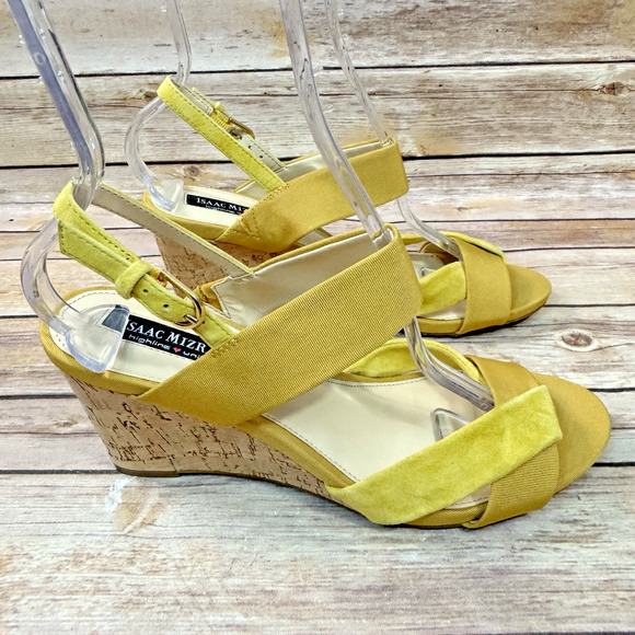 Isaac Mizrahi Highline United Womens Yellow Suede Leather Cork Wedge Sandals 9M - Picture 2 of 9